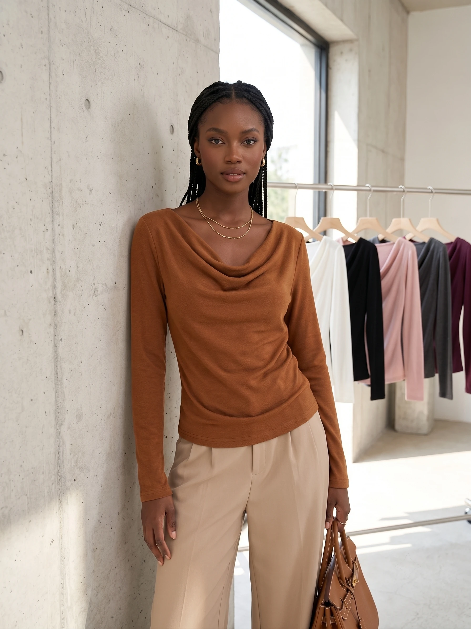 Elegant French Cowl Neck Long Sleeve Top - Premium Soft Draped Goddes Blouse